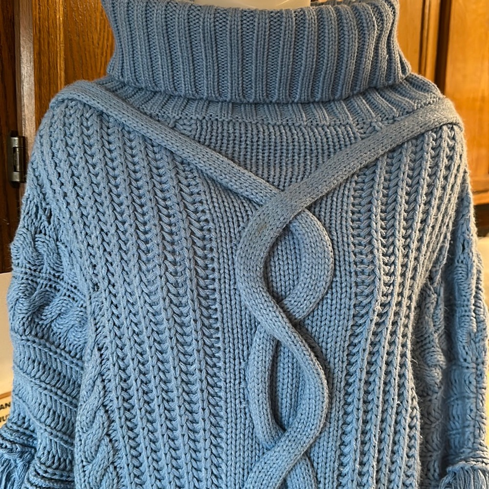 Akira Blue Cropped Fringe Cowl-Neck  Sweater/Large